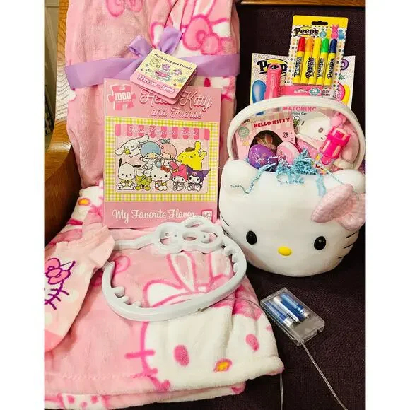 Hello Kitty bundle plush Easter basket with 6070 Easter throw 1000 piece puzzle